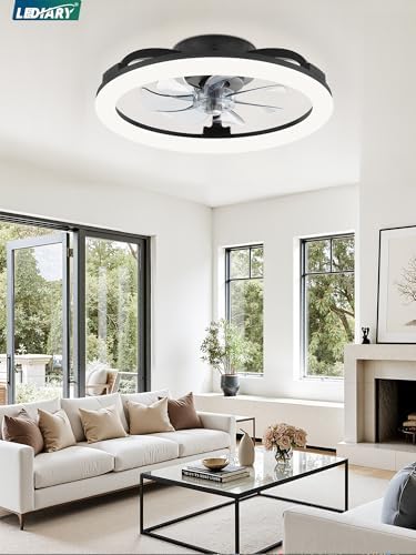 41gDddKYZnL._AC_.jpg windphoto 1 Pack 20'' Black Low Profile and 1 Pack 20'' Ceiling Fans, Dimmable Modern Fan Light(3000K-6000K), 6 Speed, Reversible, Flush Mount Ceiling Fans with Lights for Bedroom