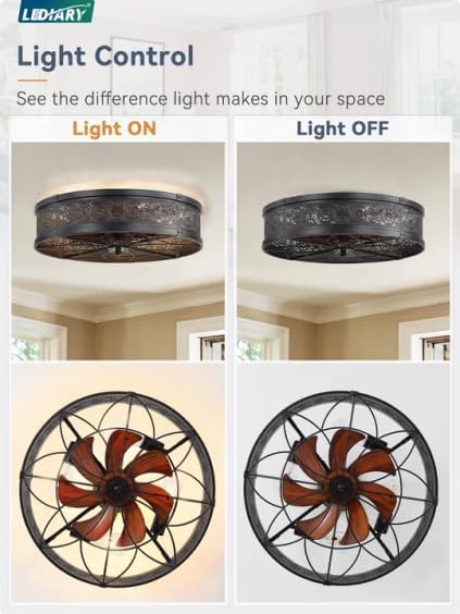 windphoto 20" Caged Farmhouse Ceiling Fan and Light with Remote, Black | Flush Mount, Bladeless Enclosed Fandelier, 6 Speed, Quiet Powerful DC, Rustic,Vintage, Rustic, Small, Bedroom, Kitchen