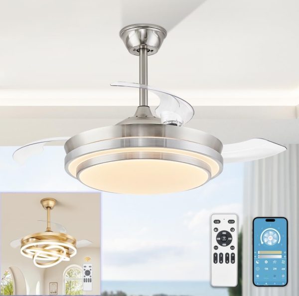 windphoto 42 Inch Retractable Ceiling Fans with Lights and Remote, Fandelier Ceiling Fans with LED Lighting, 3000K-6000K Adjustable,and DC Motor,Chandelier Ceiling Fans with Lights for Bedroom