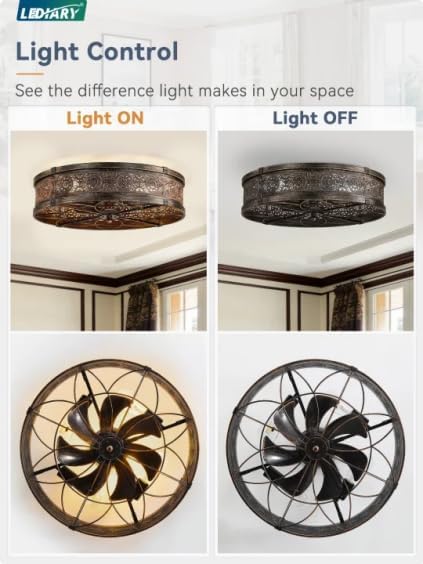 51Hn1hFuKfL._AC_.jpg windphoto 20" Caged Farmhouse Ceiling Fan and Light with Remote, Black Gold | Flush Mount, Bladeless Enclosed Fandelier, 6 Speed, Quiet Powerful DC, Rustic,Vintage, Rustic, Small, Bedroom, Kitchen