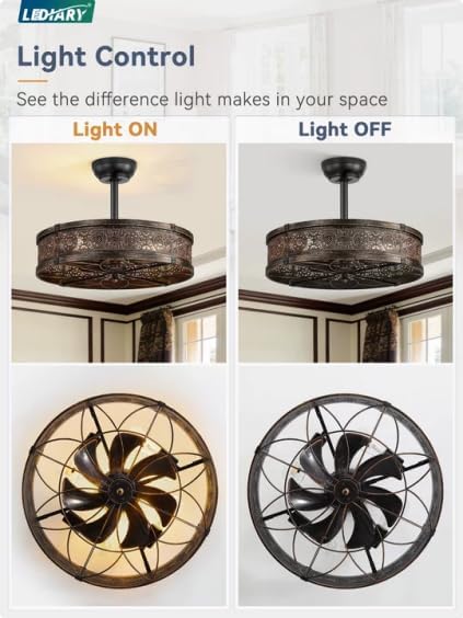 51RvV87jlyL._AC_.jpg windphoto 20" Caged Farmhouse Victorian Ceiling Fan with Light, Black Gold | Downrod, Bladeless Enclosed Fandelier, 6 Speed, Quiet Powerful DC, Rustic,Vintage, Rustic, Small, Bedroom, Kitchen