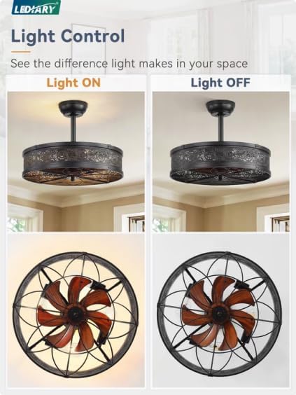 windphoto 20" Caged Farmhouse Victorian Ceiling Fan with Light, Black | Downrod, Bladeless Enclosed Fandelier, 6 Speed, Quiet Powerful DC, Rustic,Vintage, Rustic, Small, Bedroom, Kitchen