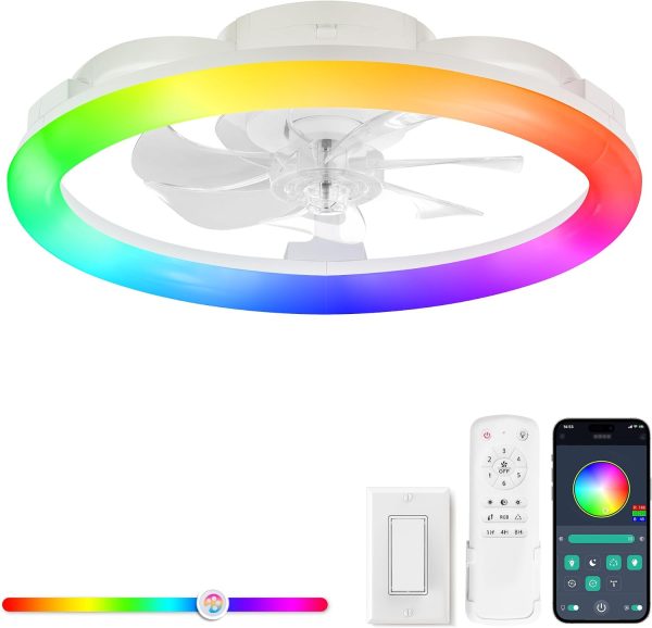 616LUi2X5aL._AC_SL1500_.jpg windphoto RGB Low Profile Ceiling Fans with Lights and Remote, 20 Inch Dimmable Modern Ceiling Fan(3000K-6000K), 6 Speed, Reversible, APP & Remote Control, Flush Mount Fan Light, White RGB Ceiling Fans