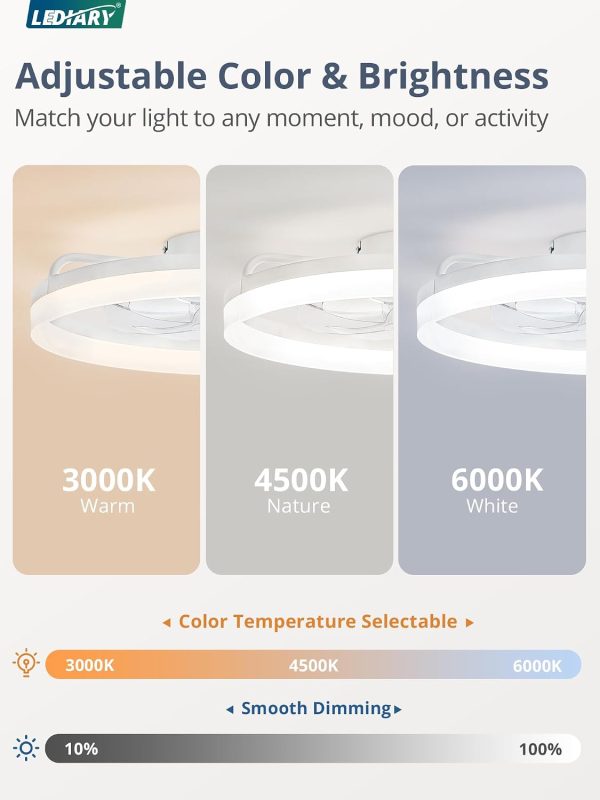 windphoto 20" Low Profile Ceiling Fans with Lights, APP & Remote, White | Flush Mount, Dimmable LED, Quiet DC Motor, Reversible, 6 Speeds, Fandelier, for Bedroom