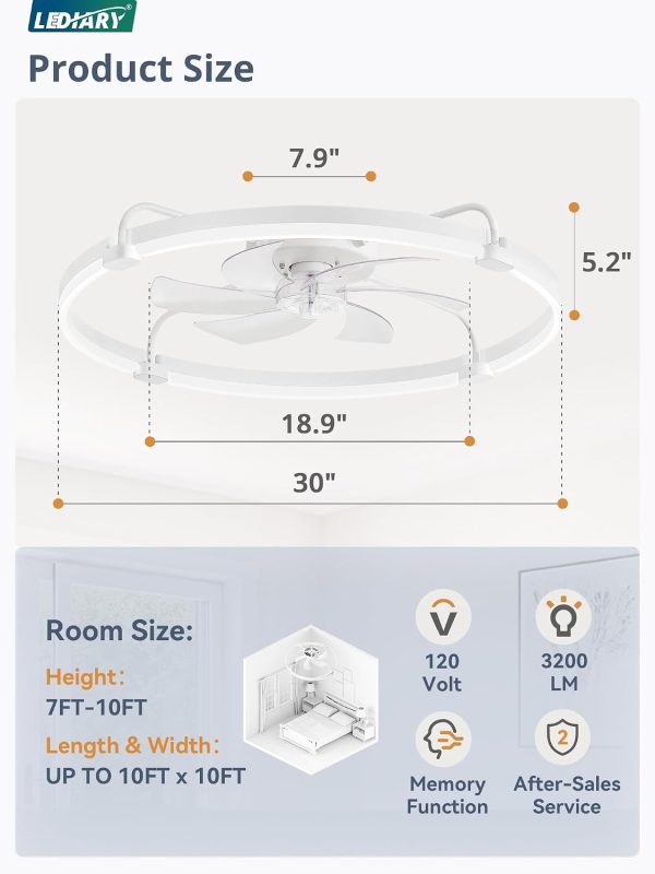 windphoto 30" Ceiling Fans with Lights and Remote, Low Profile Led Fan Light | Flush Mount, Stepless Dimmable Fandelier, 6 Speeds, 3 CCT, Quiet Reversible DC Motor, 2H Timer, Bedroom, Living Room, White