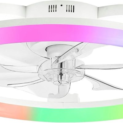 windphoto 23" Ceiling Fans with Lights and Remote for Bedroom, White | RGB Low Profile Fan Light, 3000K-6000K Stepless Dimmable, 6 Speed, Reversible DC Motor, APP & Remote Control, Low Noice
