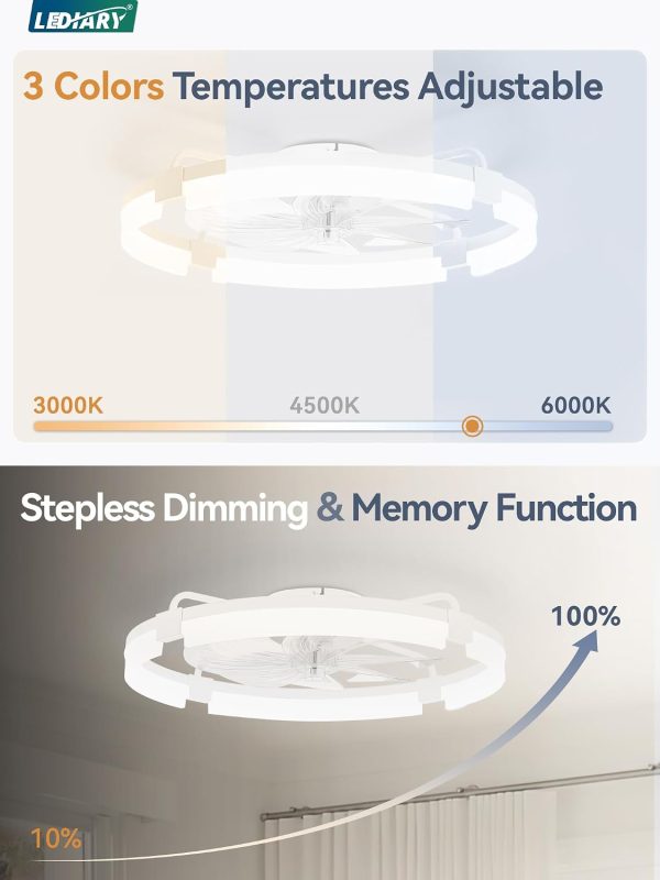 windphoto 24" Ceiling Fans with Lights, Low Profile Fandelier for Bedroom | Flush Mount Fan Light, Stepless Dimmable, App/Remote Control, 3 CCT Led, 6 Speeds, Quiet Reversible DC Motor, White