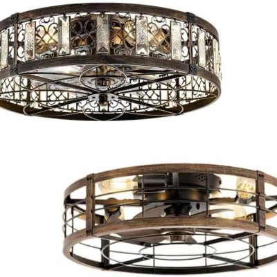 61cDfgM76L._AC_SL1179_.jpg windphoto 20" Caged Ceiling Fan with Light and Remote, Low Profile Flush Mount Fandelier for Bedroom,Kitchen,Indoor,Black and Gold