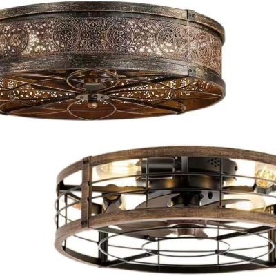 61e9D88FvWL._AC_SL1179_.jpg windphoto 20" Low Profile Flush Mount Caged Ceiling Fan with Light,Black Gold Bladeless Enclosed Small Fandelier