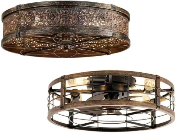 windphoto 20" Low Profile Flush Mount Caged Ceiling Fan with Light,Black Gold Bladeless Enclosed Small Fandelier