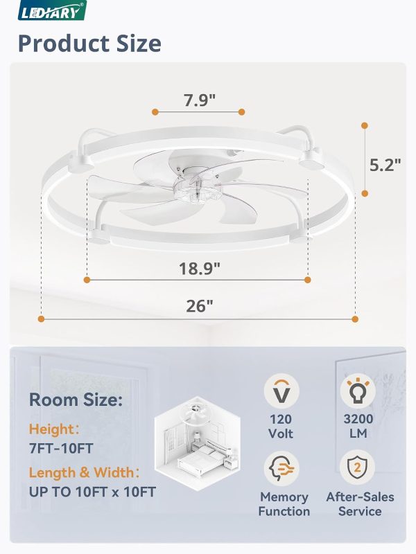 windphoto 26" Ceiling Fans with Lights and Remote, Low Profile Led Fan Light | Flush Mount, Stepless Dimmable Fandelier, 6 Speeds, 3 CCT, Quiet Reversible DC Motor, 2H Timer, Bedroom, Living Room, White