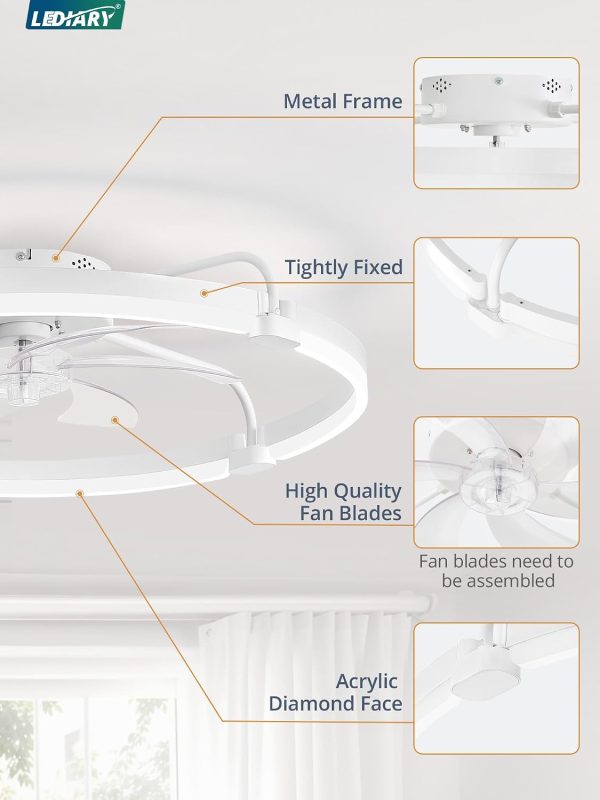 windphoto 30" Ceiling Fans with Lights and Remote, Low Profile Led Fan Light | Flush Mount, Stepless Dimmable Fandelier, 6 Speeds, 3 CCT, Quiet Reversible DC Motor, 2H Timer, Bedroom, Living Room, White