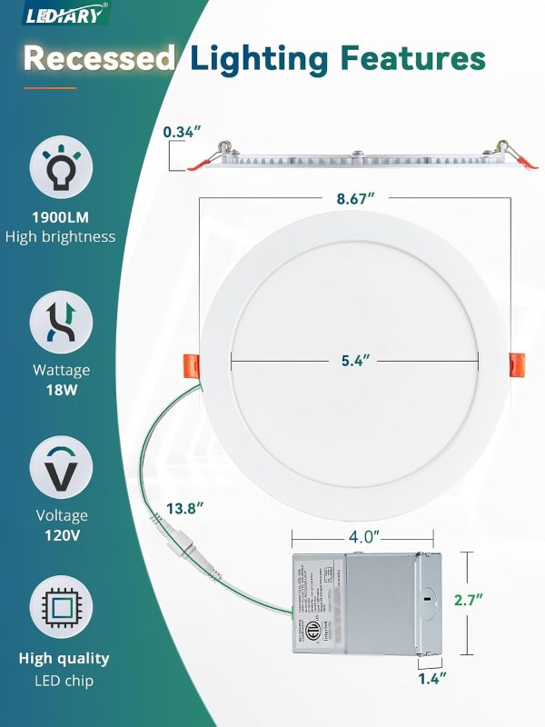 61hMeAU6PPL._AC_SL1500_.jpg windphoto 5CCT 12 Pack Ultra Thin LED Recessed Lighting 8 Inch Slim Selectable 2700K-6000K, Smooth Dimmable, High Brightness 1900 LM, 18W Eqv 180W Canless LED Downlight with Jbox, IC Rated, ETL