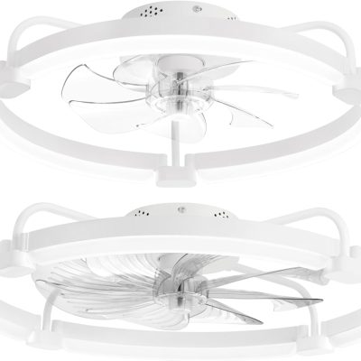 windphoto 20 Inch and 24 Inch Ceiling Fans with Lights and Remote, 3000-6000K Dimmable Modern Flush Mount LED Fan Light, 6 Wind Speeds, White Fandelier Ceiling Fans for Bedroom