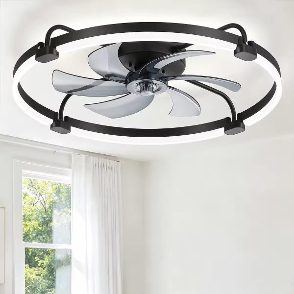 windphoto 26" Low Profile Ceiling Fans with Lights, Remote/APP Control, Black | Wider Airflow, Stepless Dimmable LED, Quiet Reversible DC Motor, 6 Speeds, 3CCT, Timer, Bedroom, Living Room, Kitchen