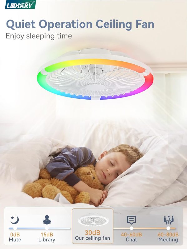 71-T2gdbcL._AC_SL1500_.jpg windphoto 20" Low Profile Bladeless Ceiling Fan with RGB, Remote&APP, White | Flush Mount, 6 Speed Adjustable, 3000-6000K Dimmable LED, Modern Enclosed Fandelier with Timming, Bedroom, Kids Room