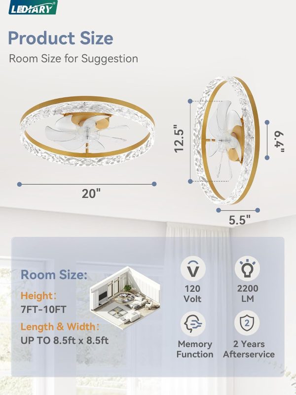 windphoto 20" Modern Ceiling Fans with Lights and Remote, Dimmable Low Profile Ceiling Fan, Flush Mount Fan, Stepless Color Temperature Change and 6 Speeds - Gold | Fandelier, Dimmable Low Profile, Flush Mount, Stepless Color Temperature Change, 6 Speeds, Bedroom, Living Room, Kitchen