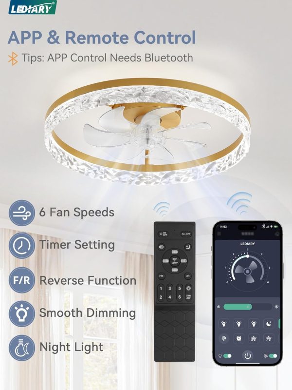 windphoto 20" Modern Ceiling Fans with Lights and Remote, Dimmable Low Profile Ceiling Fan, Flush Mount Fan, Stepless Color Temperature Change and 6 Speeds - Gold | Fandelier, Dimmable Low Profile, Flush Mount, Stepless Color Temperature Change, 6 Speeds, Bedroom, Living Room, Kitchen