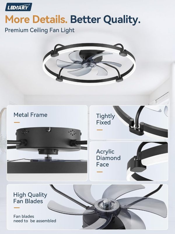 windphoto 26" Low Profile Ceiling Fans with Lights, Remote/APP Control, Black | Wider Airflow, Stepless Dimmable LED, Quiet Reversible DC Motor, 6 Speeds, 3CCT, Timer, Bedroom, Living Room, Kitchen