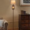 windphoto LED Farmhouse Flashing Flame Night Lantern Floor Lamp | Rustic Bronze Standing with Beige Linen Drum Lampshade, for Living Room, Bedroom Home DecorBronze Brown)