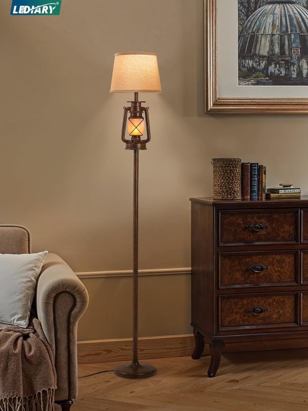 windphoto LED Farmhouse Flashing Flame Night Lantern Floor Lamp | Rustic Bronze Standing with Beige Linen Drum Lampshade, for Living Room, Bedroom Home DecorBronze Brown)