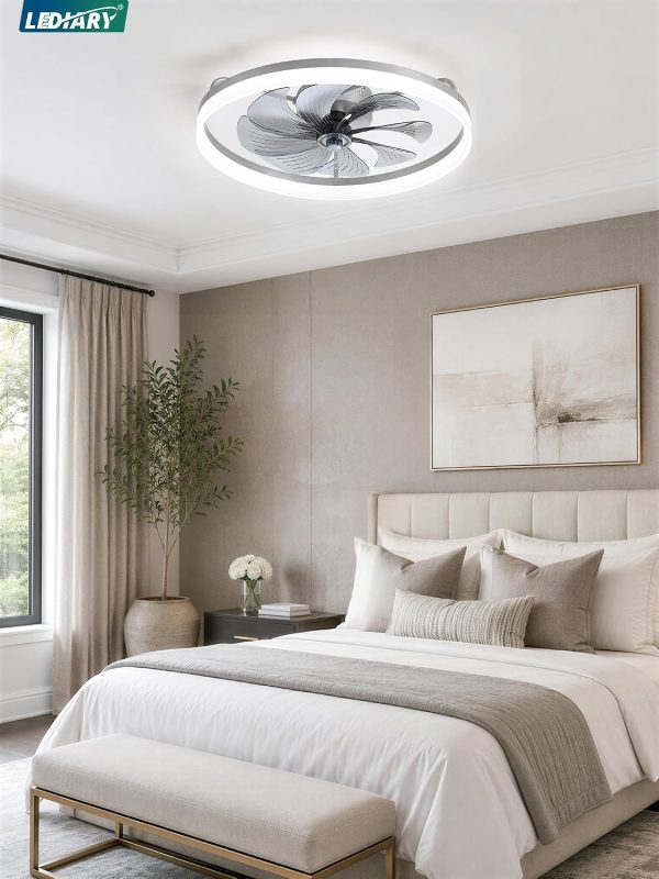 windphoto 23" Low Profile Ceiling Fans with Lights, APP & Remote, Grey | Flush Mount, Dimmable LED, Quiet DC Motor, Reversible, 6 Speeds, Fandelier, for Bedroom