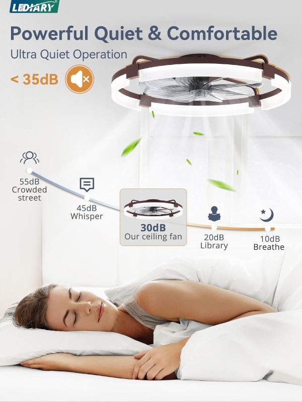 windphoto 24" Ceiling Fans with Lights, Low Profile Fandelier for Bedroom | Flush Mount Fan Light, Stepless Dimmable, App/Remote Control, 3 CCT Led, 6 Speeds, Quiet Reversible DC Motor, Brown