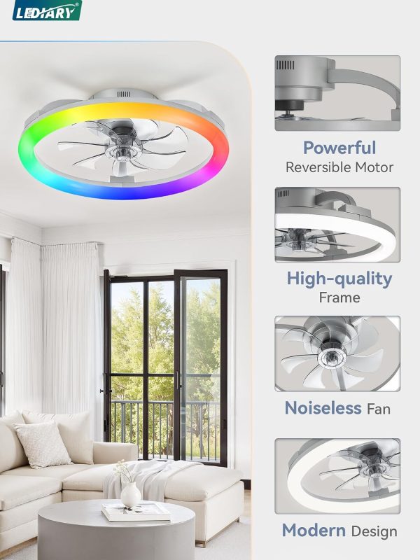 windphoto 20" Ceiling Fans with Lights and Remote for Bedroom, Grey | RGB Low Profile Fan Light, 3000K-6000K Stepless Dimmable, 6 Speed, Reversible DC Motor, APP & Remote Control, Low Noice