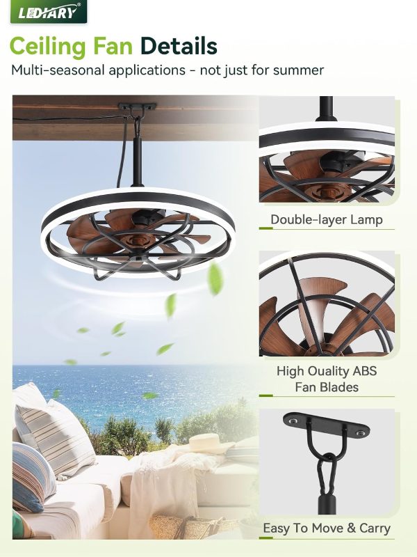 windphoto 24" Outdoor Ceiling Fans with Light, IP65 Waterproof Gazebo Fan | Outdoor Fan with Hanging Hook, Remote & App Control, 3CCT Dimmable,Timer, Caged Plug in Ceiling Fan for Patio, Porch, Pergola
