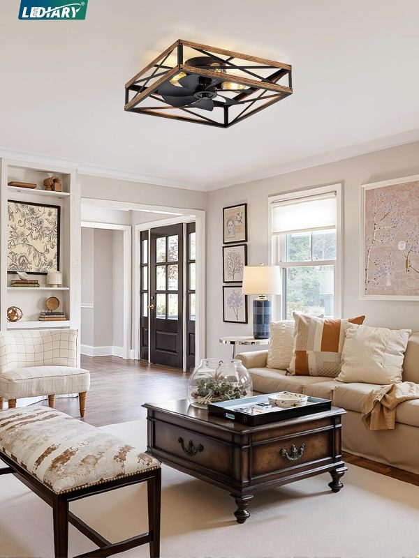 windphoto 23 Caged Flush Mount Square Ceiling Fans with Lights and Remote | 6 Speed and Reversible, Small Farmhouse Rustic Bladeless Ceiling Fan Low Profile for Bedroom, Kitchen, Dining Room
