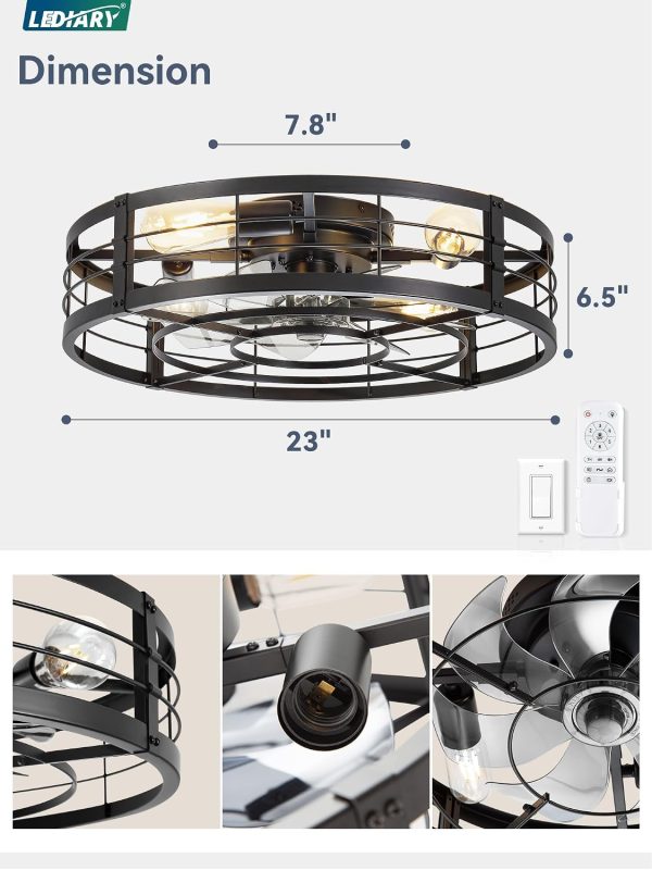 710DHBfxL._AC_SL1500_.jpg windphoto 23" Black Caged Low Profile Ceiling Fan with Light and Remote | Flush Mount, Bladeless Enclosed Fandelier, 6 Speed, Quiet Powerful DC, Rustic,Farmhouse, Small, Bedroom, Kitchen, Indoor