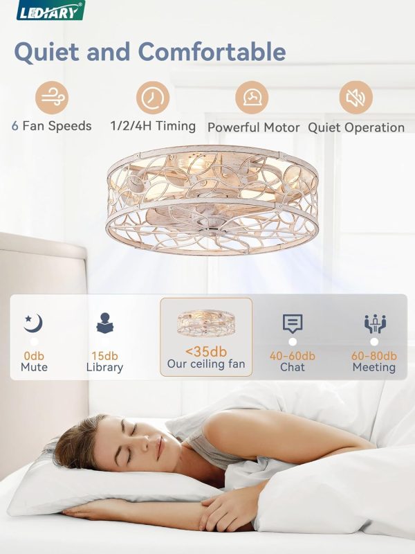 windphoto Caged Ceiling Fan with Light, Flush Mount Fandalier with Remote | Low Profile, Farmhouse Small, Bladeless Industrial, Quiet DC Motor, App Control for Bedroom, Kitchen, Dining Room, White Gold