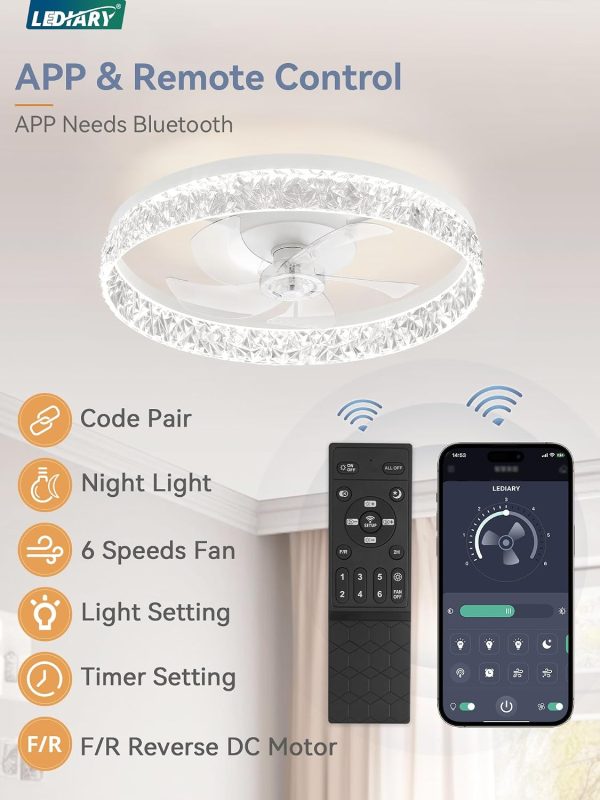 windphoto 22" Low Profile Ceiling Fans with Lights, APP & Remote, White | Flush Mount, Fandelier, 3000K-6000K, Dimmable LED, for Bedroom