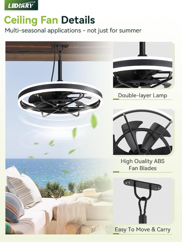 windphoto 24" Outdoor Ceiling Fans with Light, IP65 Waterproof Gazebo Fan | Outdoor Fan with Hanging Hook, Remote & App Control, 3CCT Dimmable,Timer, Caged Plug in Ceiling Fan for Patio, Porch, Pergola