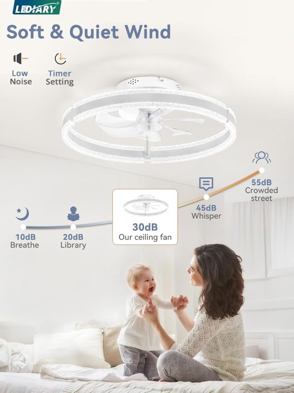 windphoto Ceiling Fans with Lights and Remote, 20'' Low Profile Ceiling Fan with Light, 3000-6000K Dimmable Fandelier Ceiling Fans, Modern Flush Mount Fan Light for Bedroom with 6 Wind Speeds- White | 3000-6000K Dimmable LED, 6 Wind Speeds, Quiet Reversible DC Motor, Small Flush Mount Fandelier for Bedroom, Living Room
