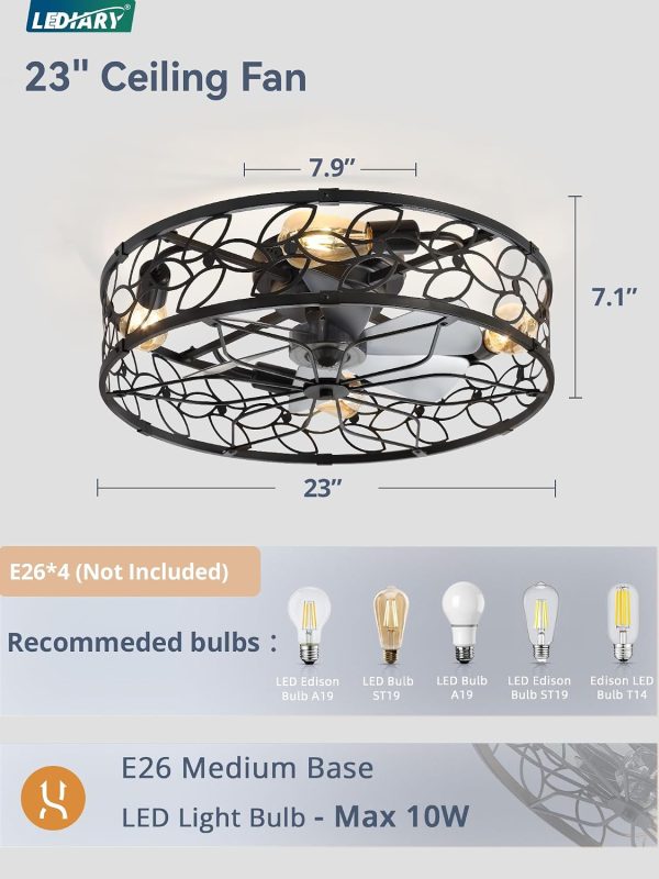 710gTDIwSXL._AC_SL1500_.jpg windphoto 23" Caged Ceiling Fan with Light, Flush Mount Fandalier with Remote | Low Profile, Farmhouse Large, Bladeless Industrial, Quiet DC Motor, App Control for Bedroom, Kitchen, Dining Room, Black
