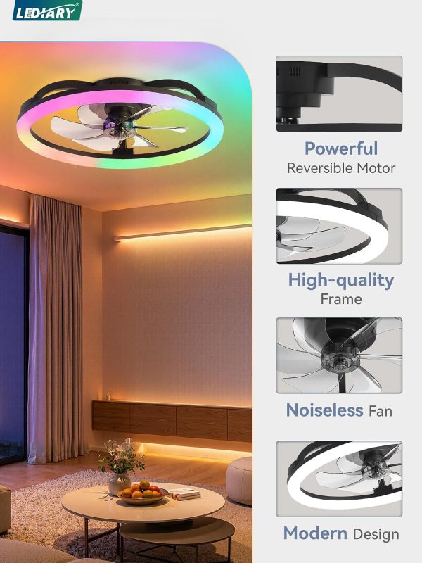 710hQDzlaqL._AC_SL1500_.jpg windphoto 23" Ceiling Fans with Lights and Remote for Bedroom, Black | RGB Low Profile Fan Light, 3000K-6000K Stepless Dimmable, 6 Speed, Reversible DC Motor, APP & Remote Control, Low Noice