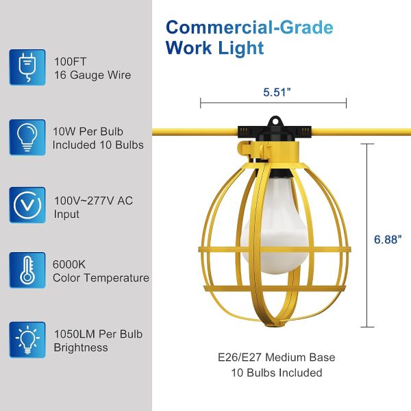 windphoto Construction String Lights 10 Bulbs Incl, 100W 10500LM 100Ft Construction Lights with 10 Medium Base Sockets, Linkable Temporary Lighting, Weatherproof Commercial-Grade Work Lights - UL Listed
