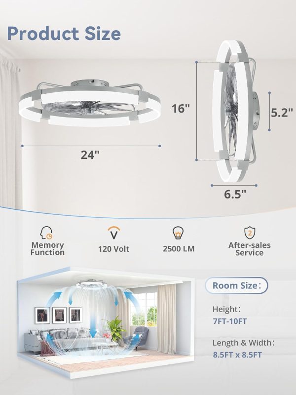 windphoto 24" Ceiling Fans with Lights, Low Profile Fandelier for Bedroom | Flush Mount Fan Light, Stepless Dimmable, App/Remote Control, 3 CCT Led, 6 Speeds, Quiet Reversible DC Motor, Grey