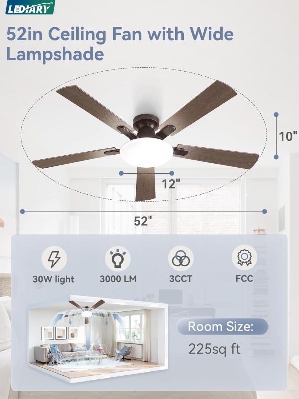 52 Inch Ceiling Fan with Lights and Remote, 30W 12" LED Panel Flush Mount Ceiling Fan, 6-Speed Quiet DC Motor Modern Low Profile Ceiling Fan with Reversible Blades for Bedroom, Living Room, Patio