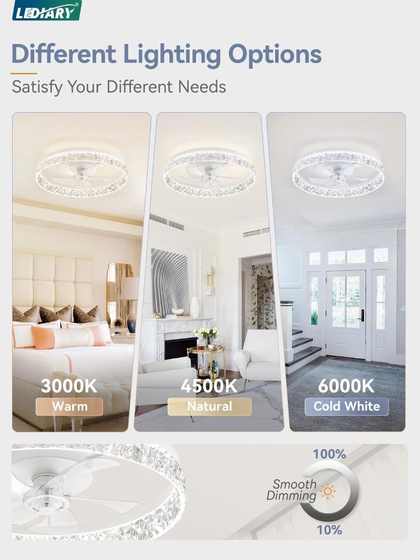 windphoto 22" Low Profile Ceiling Fans with Lights, APP & Remote, White | Flush Mount, Fandelier, 3000K-6000K, Dimmable LED, for Bedroom
