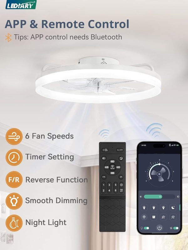 windphoto 20" Low Profile Ceiling Fans with Lights, APP & Remote, White | Flush Mount, Dimmable LED, Quiet DC Motor, Reversible, 6 Speeds, Fandelier, for Bedroom