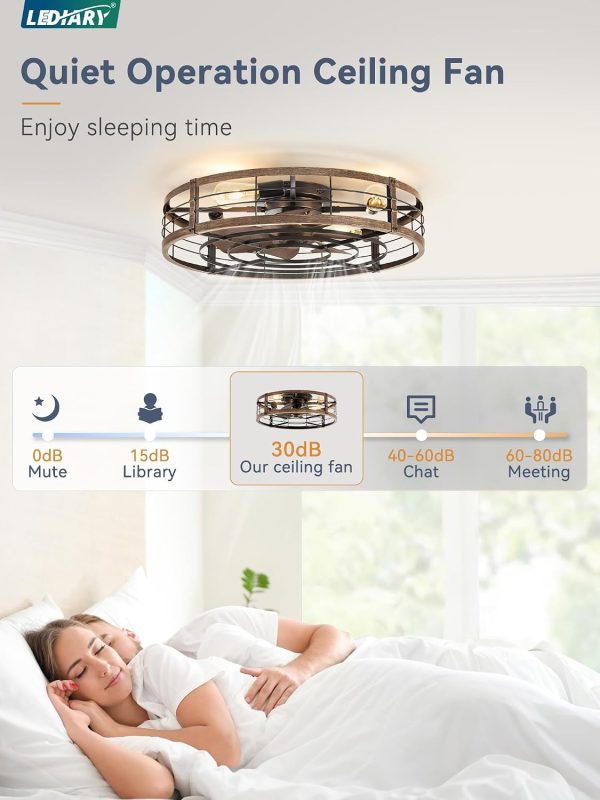 windphoto 26" Black Gold Caged Low Profile Ceiling Fan with Light and Remote | Flush Mount, Bladeless Enclosed Fandelier, 6 Speed, Quiet Powerful DC, Rustic,Farmhouse, Large, Bedroom, Kitchen, Indoor