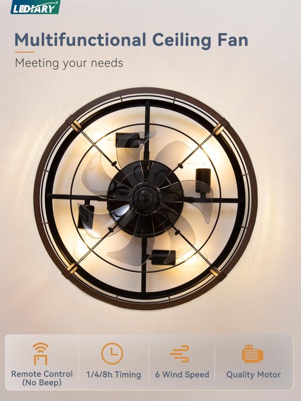 windphoto 20" Walnut Caged Low Profile Ceiling Fan with Light and Remote | Flush Mount, Bladeless Enclosed Fandelier, 6 Speed, Quiet Powerful DC, Rustic,Farmhouse, Small, Bedroom, Kitchen, Indoor