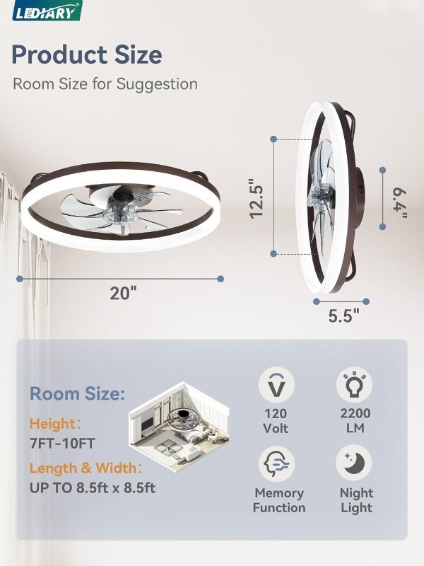 windphoto 20" Low Profile Ceiling Fans with Lights, APP & Remote, Brown | Flush Mount, Dimmable LED, Quiet DC Motor, Reversible, 6 Speeds, Fandelier, for Bedroom