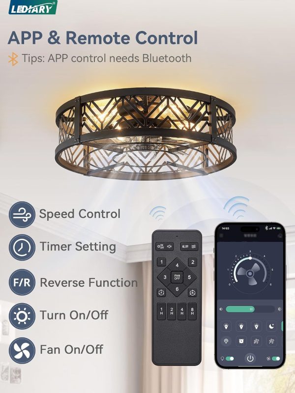 7127RtD2qhL._AC_SL1500_.jpg windphoto 20" Caged Ceiling Fan with Light and Remote, Small Fandalier, Black | Flush Mount Low Profile, APP Control, Bladeless Industrial Enclosed, Quiet & Powerful for Bedroom, Kitchen, Dining Room