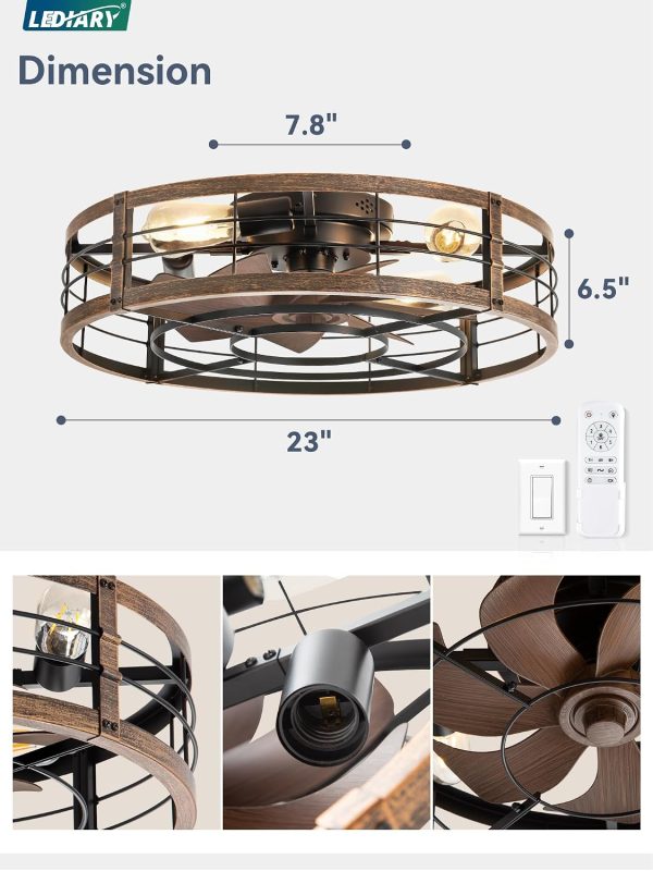 712Bk9wWt6L._AC_SL1500_.jpg windphoto 23" Black Gold Caged Low Profile Ceiling Fan with Light and Remote | Flush Mount, Bladeless Enclosed Fandelier, 6 Speed, Quiet Powerful DC, Rustic,Farmhouse, Small, Bedroom, Kitchen, Indoor