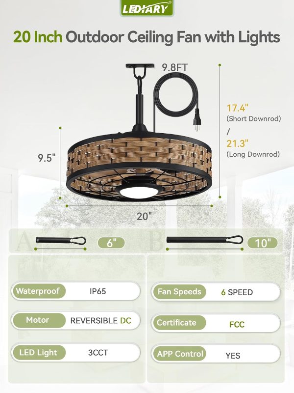 windphoto 20" Light Brown IP65 Waterproof Outdoor Ceiling Fan with Light | No Assembling,Remote&APP Control,3CCT Dimmable,6-Speeds,Boho Rattan, for Gazebo,Patio,Porch