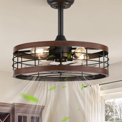 712EYc3pK9L._AC_SL1500_.jpg windphoto 18 inch Caged Fandelier Ceiling Fan Light with Remote, Walnut | 6 Speed Adjustable,Timing, Quiet & Powerful DC, Small, Farmhouse, Industrial, Enclosed, Bladeless, Bedroom, Kitchen, Downrod