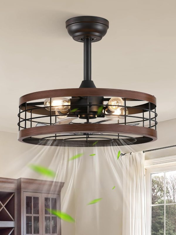 712EYc3pK9L._AC_SL1500_.jpg windphoto 18 inch Caged Fandelier Ceiling Fan Light with Remote, Walnut | 6 Speed Adjustable,Timing, Quiet & Powerful DC, Small, Farmhouse, Industrial, Enclosed, Bladeless, Bedroom, Kitchen, Downrod